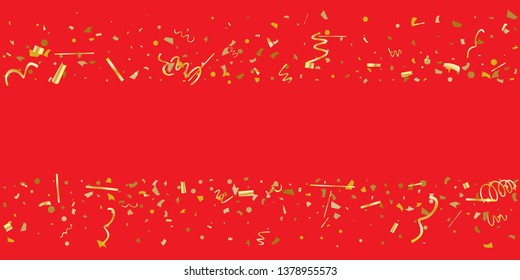 Golden glitter confetti on a red background. Illustration of a drop of shiny particles. Decorative element. Luxury background for your design, cards, invitations, gift, vip.