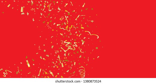 Golden glitter confetti on a red background. Illustration of a drop of shiny particles. Decorative element. Luxury background for your design, cards, invitations, gift, vip.