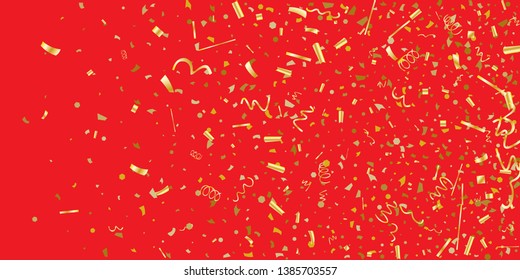 Golden glitter confetti on a red background. Illustration of a drop of shiny particles. Decorative element. Luxury background for your design, cards, invitations, gift, vip.