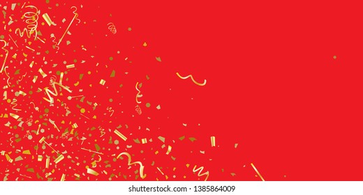 Golden glitter confetti on a red background. Illustration of a drop of shiny particles. Decorative element. Luxury background for your design, cards, invitations, gift, vip.