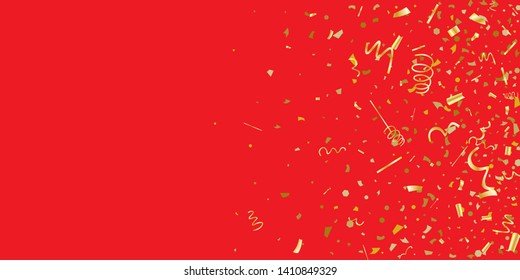 Golden glitter confetti on a red background. Illustration of a drop of shiny particles. Decorative element. Luxury background for your design, cards, invitations, gift, vip.