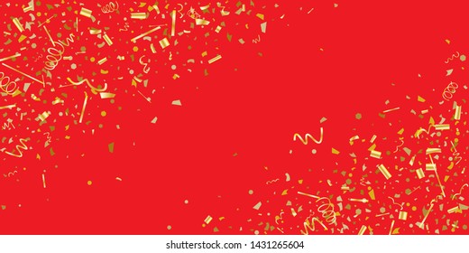 Golden glitter confetti on a red background. Illustration of a drop of shiny particles. Decorative element. Luxury background for your design, cards, invitations, gift, vip.