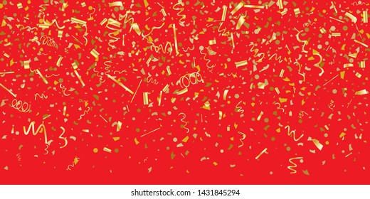Golden glitter confetti on a red background. Illustration of a drop of shiny particles. Decorative element. Luxury background for your design, cards, invitations, gift, vip.