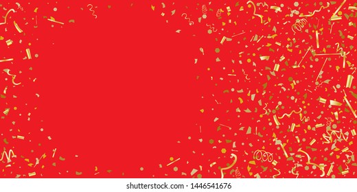 Golden glitter confetti on a red background. Illustration of a drop of shiny particles. Decorative element. Luxury background for your design, cards, invitations, gift, vip.