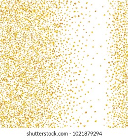 Golden glitter confetti on a white background. Illustration of a drop of shiny particles. Decorative element. Luxury background for your design, cards, invitations, gift, vip. 