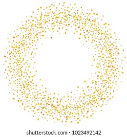 Golden glitter confetti on a white background. Illustration of a drop of shiny particles. Decorative element. Luxury background for your design, cards, invitations, gift, vip. 