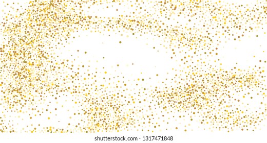 Golden glitter confetti on a white background. Illustration of a drop of shiny particles. Decorative element. Luxury background for your design, cards, invitations, gift, vip.