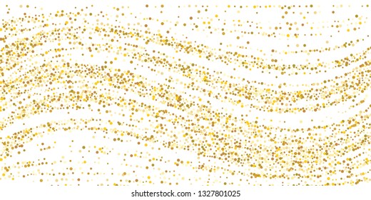 Golden glitter confetti on a white background. Illustration of a drop of shiny particles. Decorative element. Luxury background for your design, cards, invitations, gift, vip.