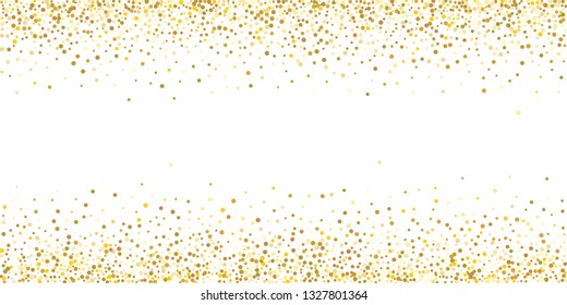 Golden glitter confetti on a white background. Illustration of a drop of shiny particles. Decorative element. Luxury background for your design, cards, invitations, gift, vip.
