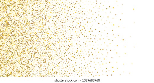 Golden glitter confetti on a white background. Illustration of a drop of shiny particles. Decorative element. Luxury background for your design, cards, invitations, gift, vip.