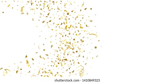 Golden glitter confetti on a white background. Illustration of a drop of shiny particles. Decorative element. Luxury background for your design, cards, invitations, gift, vip. 