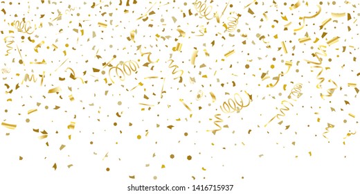 Golden glitter confetti on a white background. Illustration of a drop of shiny particles. Decorative element. Luxury background for your design, cards, invitations, gift, vip. 