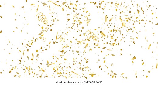 Golden glitter confetti on a white background. Illustration of a drop of shiny particles. Decorative element. Luxury background for your design, cards, invitations, gift, vip. 