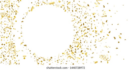 Golden glitter confetti on a white background. Illustration of a drop of shiny particles. Decorative element. Luxury background for your design, cards, invitations, gift, vip. 