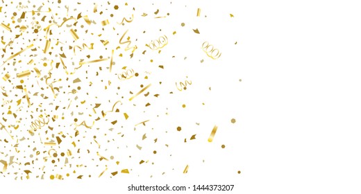 Golden glitter confetti on a white background. Illustration of a drop of shiny particles. Decorative element. Luxury background for your design, cards, invitations, gift, vip. 