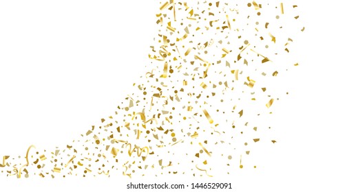 Golden glitter confetti on a white background. Illustration of a drop of shiny particles. Decorative element. Luxury background for your design, cards, invitations, gift, vip. 