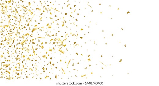 Golden glitter confetti on a white background. Illustration of a drop of shiny particles. Decorative element. Luxury background for your design, cards, invitations, gift, vip. 