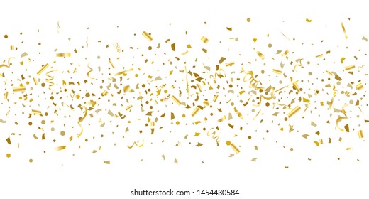 Golden glitter confetti on a white background. Illustration of a drop of shiny particles. Decorative element. Luxury background for your design, cards, invitations, gift, vip. 