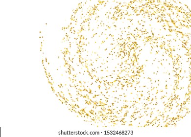 Golden glitter confetti on a white background. Illustration of a drop of shiny particles. Decorative element. Luxury background for your design, cards, invitations, gift, vip. 