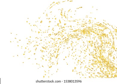 Golden glitter confetti on a white background. Illustration of a drop of shiny particles. Decorative element. Luxury background for your design, cards, invitations, gift, vip. 