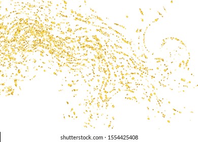 Golden glitter confetti on a white background. Illustration of a drop of shiny particles. Decorative element. Luxury background for your design, cards, invitations, gift, vip. 