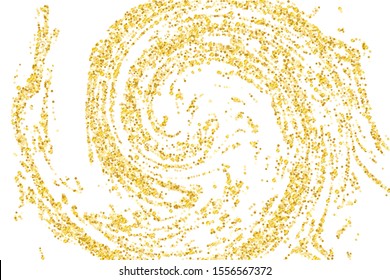 Golden glitter confetti on a white background. Illustration of a drop of shiny particles. Decorative element. Luxury background for your design, cards, invitations, gift, vip. 