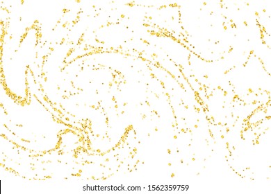 Golden glitter confetti on a white background. Illustration of a drop of shiny particles. Decorative element. Luxury background for your design, cards, invitations, gift, vip. 