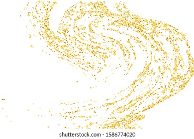 Golden glitter confetti on a white background. Illustration of a drop of shiny particles. Decorative element. Luxury background for your design, cards, invitations, gift, vip. 