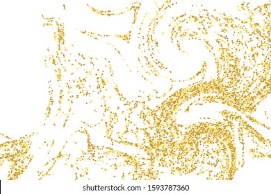 Golden glitter confetti on a white background. Illustration of a drop of shiny particles. Decorative element. Luxury background for your design, cards, invitations, gift, vip. 