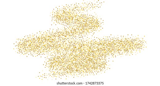 Golden glitter confetti on a white background. Illustration of a drop of shiny particles. Decorative element. Luxury background for your design, cards, invitations, gift, vip. 