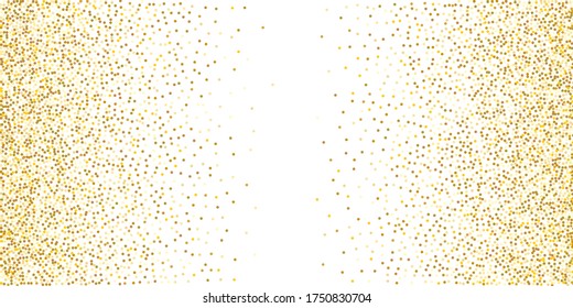 Golden glitter confetti on a white background. Illustration of a drop of shiny particles. Decorative element. Luxury background for your design, cards, invitations, gift, vip. 