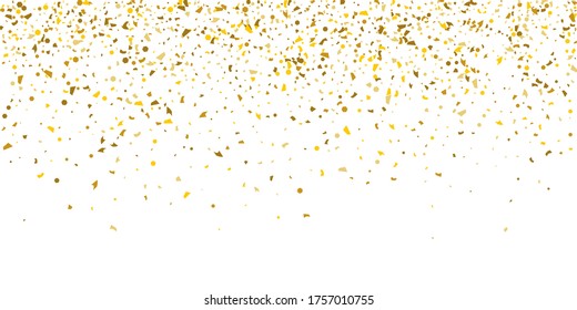 Golden glitter confetti on a white background. Illustration of a drop of shiny particles. Decorative element. Luxury background for your design, cards, invitations, gift, vip. 