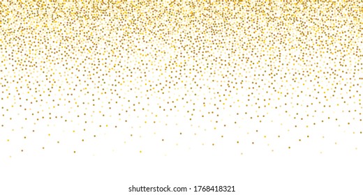 Golden glitter confetti on a white background. Illustration of a drop of shiny particles. Decorative element. Luxury background for your design, cards, invitations, gift, vip. 