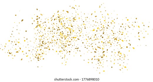 Golden glitter confetti on a white background. Illustration of a drop of shiny particles. Decorative element. Luxury background for your design, cards, invitations, gift, vip. 