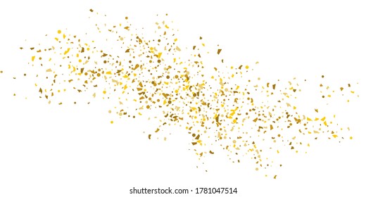 Golden glitter confetti on a white background. Illustration of a drop of shiny particles. Decorative element. Luxury background for your design, cards, invitations, gift, vip. 