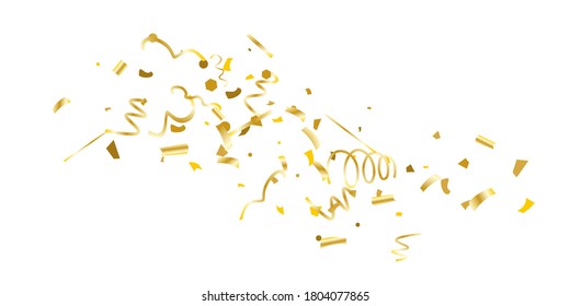 Golden glitter confetti on a white background. Illustration of a drop of shiny particles. Decorative element. Luxury background for your design, cards, invitations, gift, vip. 