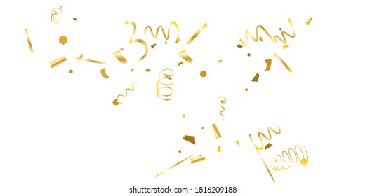 Golden glitter confetti on a white background. Illustration of a drop of shiny particles. Decorative element. Luxury background for your design, cards, invitations, gift, vip. 