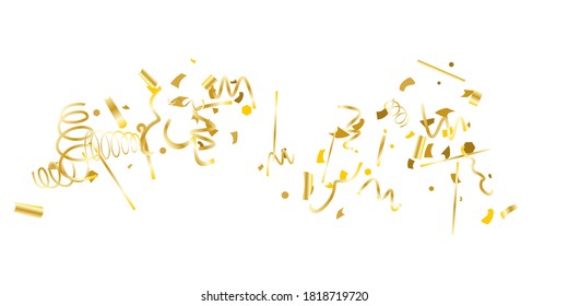 Golden glitter confetti on a white background. Illustration of a drop of shiny particles. Decorative element. Luxury background for your design, cards, invitations, gift, vip. 