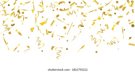 Golden glitter confetti on a white background. Illustration of a drop of shiny particles. Decorative element. Luxury background for your design, cards, invitations, gift, vip. 