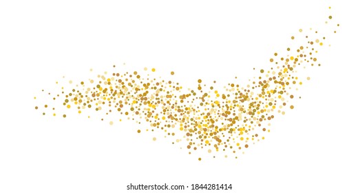 Golden glitter confetti on a white background. Illustration of a drop of shiny particles. Decorative element. Luxury background for your design, cards, invitations, gift, vip. 