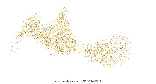 Golden glitter confetti on a white background. Illustration of a drop of shiny particles. Decorative element. Luxury background for your design, cards, invitations, gift, vip. 