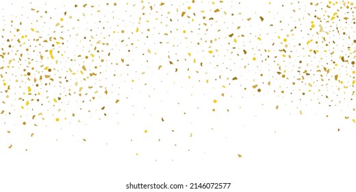 Golden glitter confetti on a white background. Illustration of a drop of shiny particles. Decorative element. Luxury background for your design, cards, invitations, gift, vip. 