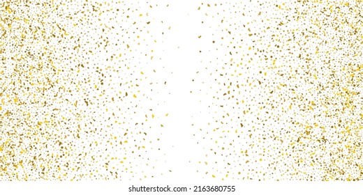 Golden glitter confetti on a white background. Illustration of a drop of shiny particles. Decorative element. Luxury background for your design, cards, invitations, gift, vip. 