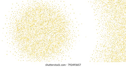 Golden glitter confetti on a white background. Illustration of a drop of shiny particles. Decorative element. Luxury background for your design, cards, invitations, gift, vip.