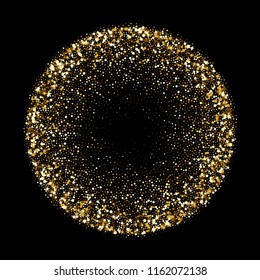 Golden glitter confetti sphere or gold glittery explosion. Vector glittery gold firework splatter background template for greeting cards or fashion backdrop design