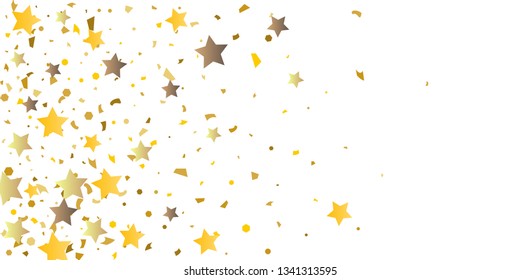 Golden glitter confetti of stars on a white background. Illustration of glittering confetti stars for your design. Decorative element. VIP cards, invitations, gift.