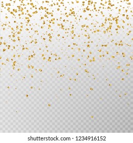 Golden glitter confetti vector. Carnaval paper tinsel texture isolated on background. Party confetti effect. Falling glitter particles decoration. New year and Xmas illustration.