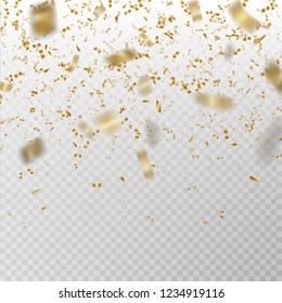 Golden glitter confetti vector. Carnaval paper tinsel texture isolated on background. Party confetti with defocused pieces effect. Falling glitter particles decoration. New year and Xmas illustration.
