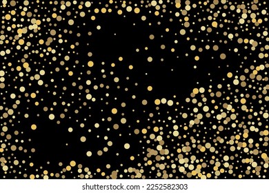 Golden glitter confetti in vintage style on a black background. Vintage retro. Surprise party decoration. Art design.