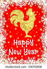 Golden glitter crowing rooster with sparkles and stars on red Christmas background with snowflakes. Chinese symbol for the New year 2017. Silhouette with gold confetti. Tinsel vector illustration.